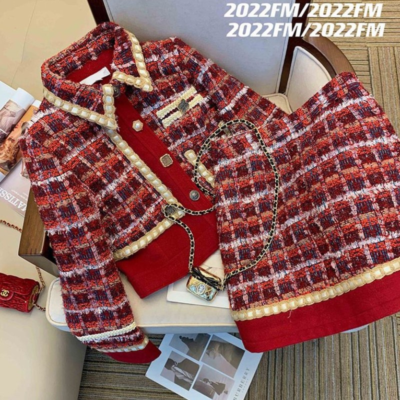Winter Clothing Line - Kobiety elegancki Tweed czerwony garnitur Jackert
